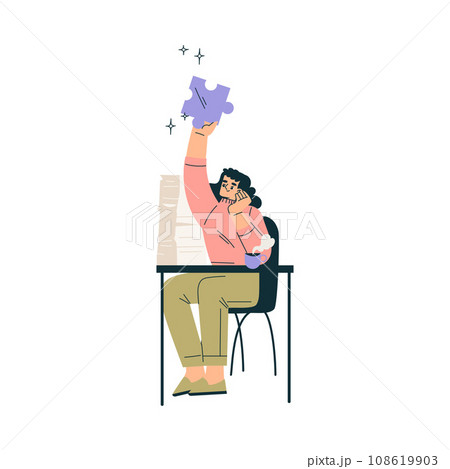 Business Concept with Woman Character at Table with Jigsaw Puzzle Vector Illustration Business Concept with Woman Character at Table with Jigsaw Puzzle Vector Illustration 108619903