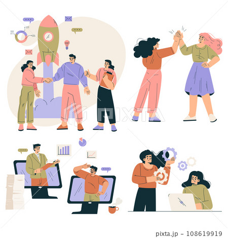 Business Concept with Man and Woman Character Engaged in Workflow Deal with Project Vector Set Business Concept with Man and Woman Character Engaged in Workflow Deal with Project Vector Set 108619919