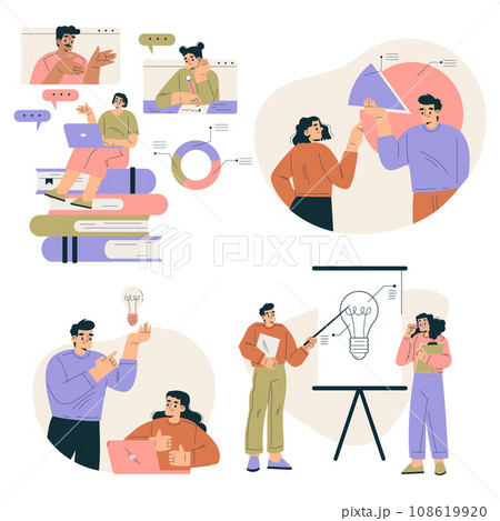 Business Concept with Man and Woman Character Engaged in Workflow Deal with Project Vector Set 108619920