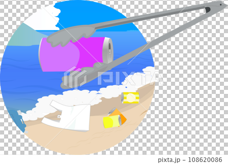 ゴミだらけの砂浜でゴミ拾いのイラスト 108620086
