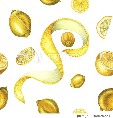Watercolor lemon seamless pattern with lemons, cut lemon and slice, zest, peel. Hand drawn fresh yellow fruits isolated on white background. Painted Illustration for product design, print, fabric Watercolor lemon seamless pattern with lemons, cut lemon and slice, zest, peel. Hand drawn fresh yellow fruits isolated on white background. Painted Illustration for product design, print, fabric 108620224