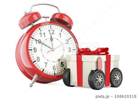 Gift box on wheels with alarm clock, fast delivery concept. 3D rendering Gift box on wheels with alarm clock, fast delivery concept. 3D rendering 108620318