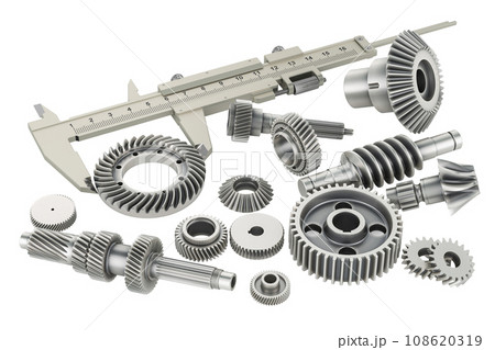 Vernier caliper with steel gearwheels, 3D rendering Vernier caliper with steel gearwheels, 3D rendering 108620319