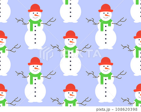 Seamless pattern with snowmen in a hat and scarf. Winter Christmas background with three-ball snowman. Xmas design for wrapping paper, banners and promotional items. Vector illustration 108620398