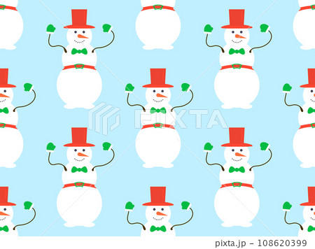 Seamless pattern with snowmen in a hat, bow tie for suit and mittens. Winter Christmas background with a snowman made of three snow balls. Xmas design for banner and poster. Vector illustration 108620399