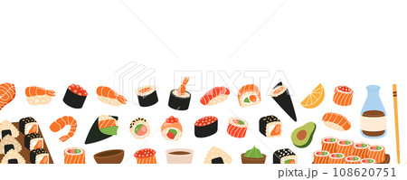 Sushi banner. Sushi and rolls horizontal background. Tobiko maki, philadelphia roll, onigiri, shrimp nigiri, tekkamaki tuna roll, futomaki Sushi banner. Sushi and rolls horizontal background. Tobiko maki, philadelphia roll, onigiri, shrimp nigiri, tekkamaki tuna roll, futomaki 108620751