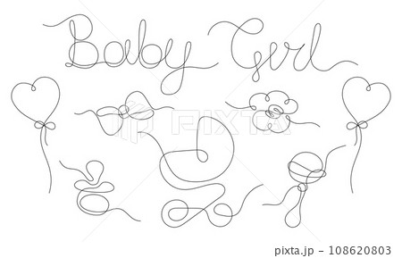 Baby Shower Set in line art style isolated on white background. Baby items set in one line art. Set of baby stroller, pacifier, beanbag, bow, flower, heart balloons. Vector illustration Baby Shower Set in line art style isolated on white background. Baby items set in one line art. Set of baby stroller, pacifier, beanbag, bow, flower, heart balloons. Vector illustration 108620803