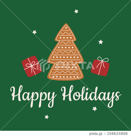 Christmas greeting card template with gingerbread, gifts and stars. Happy Holidays card. Vector illustration in flat style Christmas greeting card template with gingerbread, gifts and stars. Happy Holidays card. Vector illustration in flat style 108620806