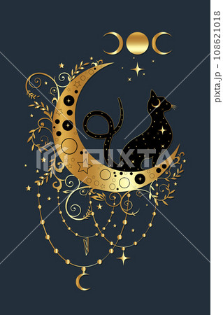 Mystical black cat over celestial crescent moon and triple goddess, witchcraft symbol, witchy esoteric gold logo. Vector golden luxury wiccan clipart in boho style isolated on blue background 108621018