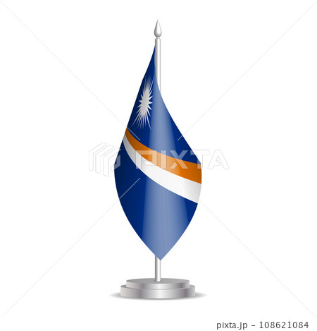 Marshall Islands flag - 3D mini flag hanging on desktop flagpole. Usable for summit or conference presentaiton. Vector illustration with shading. 108621084
