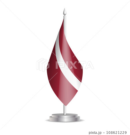 Latvia flag - 3D mini flag hanging on desktop flagpole. Usable for summit or conference presentaiton. Vector illustration with shading. 108621229