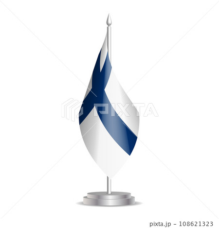 Finland flag - 3D mini flag hanging on desktop flagpole. Usable for summit or conference presentaiton. Vector illustration with shading. Finland flag - 3D mini flag hanging on desktop flagpole. Usable for summit or conference presentaiton. Vector illustration with shading. 108621323