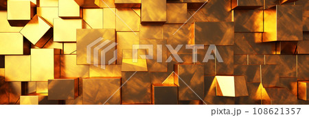 Gold blocks texture background, wide banner with abstract pattern of shiny metal cubes. Surface of golden futuristic wall. Concept of business, luxury design, technology, building 108621357