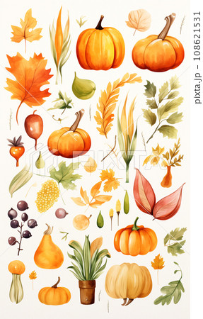 AI-generated content. Watercolor banner of leaves and vegetables on beige background. 108621531