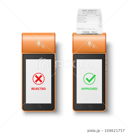 Vector 3d Orange NFC Payment Machine with Rejected and Approved Status, Paper Cash Receipt, Bill. Payment POS Terminal, Machine Design Template of Bank Payment Contactless Terminal, Mockup. Top View 108621757
