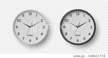 Vector 3d Round Wall Office Clock with White, Black Clock Dial Set Closeup Isolated. Watches, Design Template, Mock-up for Branding, Advertise. Vector Simple Minimalistic Clocks, Watches in Front View 108621758