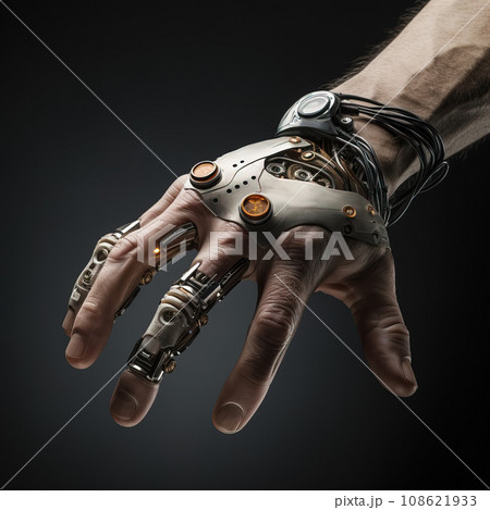 Bionic Hand with Mechanical Gears and Illuminated Joints Overlays Skin. AI generation 108621933