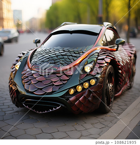Futuristic Dragon-Shaped Concept Car on City Street. AI generation 108621935