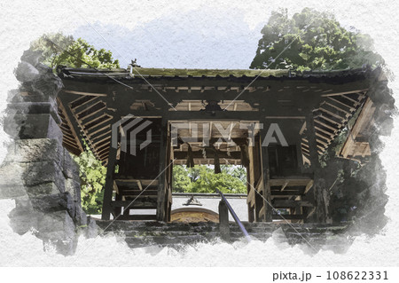 水彩画風 高岡神社 随身門 岡山県真庭市 水彩画風 高岡神社 随身門 岡山県真庭市 108622331