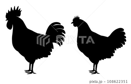 鶏のシルエット（雄鶏と雌鶏） 108622351