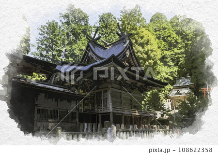水彩画風 高岡神社 本殿 岡山県真庭市 水彩画風 高岡神社 本殿 岡山県真庭市 108622358