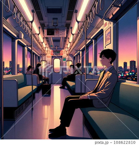 仕事終わりに電車に揺られながら帰宅するサラリーマンの男性がぼーっと外を眺めている様子。 108622810