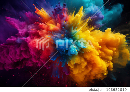 Holi background - vibrant and colorful powder smoke explosion on black background Holi background - vibrant and colorful powder smoke explosion on black background 108622819