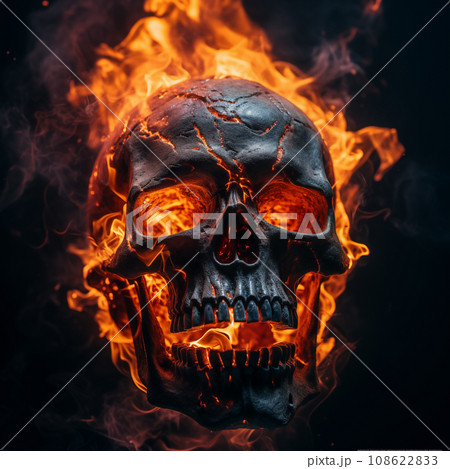 Spooky and scary burning skull on a dark background. Perfect for Halloween or horror-themed projects Spooky and scary burning skull on a dark background. Perfect for Halloween or horror-themed projects 108622833