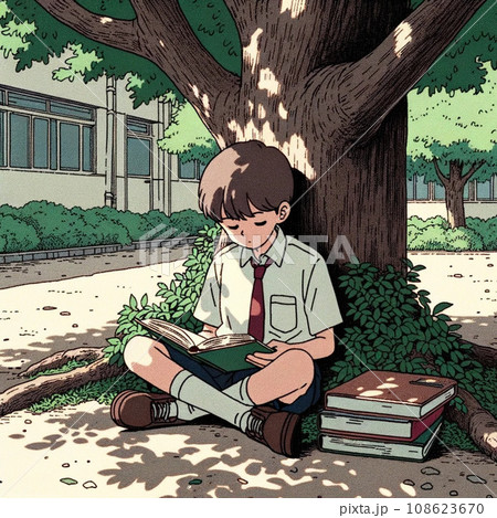 学校の中庭にある木の下で本を読む男の子の学生 108623670