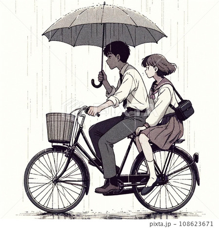 相合傘をしながら自転車に二人乗りをする学生カップル 相合傘をしながら自転車に二人乗りをする学生カップル 108623671