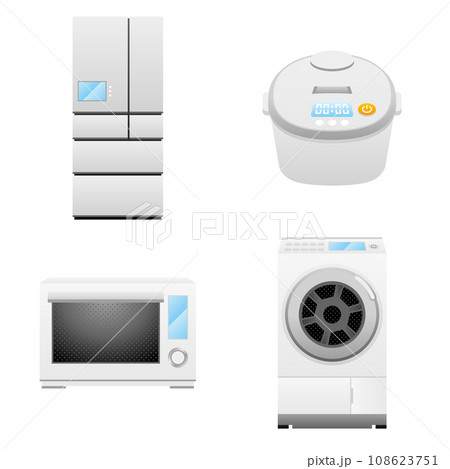 いろいろな家電のセット_冷蔵庫,炊飯器,電子レンジ,ドラム式洗濯機の 