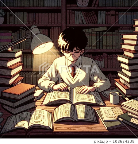 徹夜で部屋にこもって勉強する学生のイラスト素材 [108624239] - PIXTA