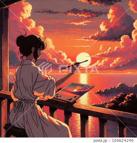海辺で夕焼けを見ながら景色を油絵で描く若い女性 108624240