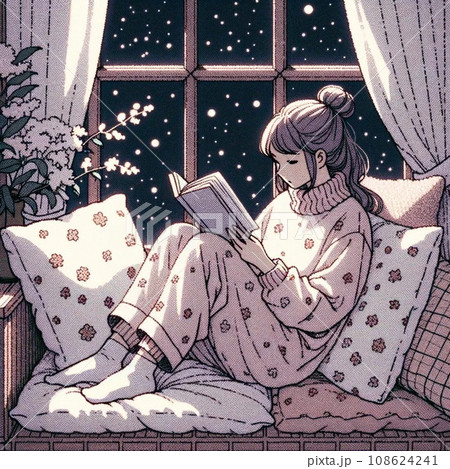 冬にかわいいパジャマを着てソファの上で本を読む女性 108624241