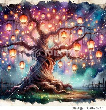 不思議な世界に迷い込んだような大木とランタンとオーロラのイラスト