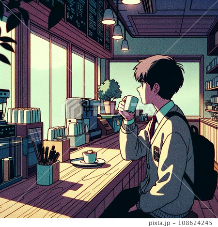 コーヒーを片手に外を眺めながら考え事をする制服を着た男子学生 108624245