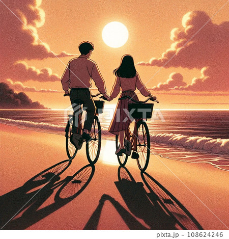 海辺で自転車に乗りながらデートをする学生カップル 海辺で自転車に乗りながらデートをする学生カップル 108624246