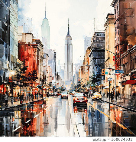 Watercolor sketch captures the energy of New York streets and iconic skyscrapers Watercolor sketch captures the energy of New York streets and iconic skyscrapers 108624933
