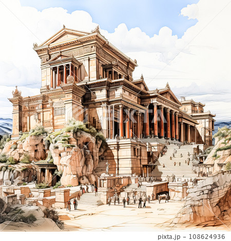 Watercolor artwork showcases an ancient Greek style temple, an expression of architectural artistry Watercolor artwork showcases an ancient Greek style temple, an expression of architectural artistry 108624936