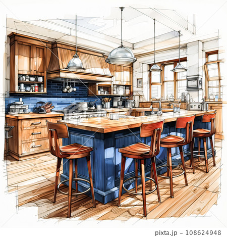 A stunning kitchen design transforms into a vibrant watercolor sketch, a fusion of creativity and style A stunning kitchen design transforms into a vibrant watercolor sketch, a fusion of creativity and style 108624948