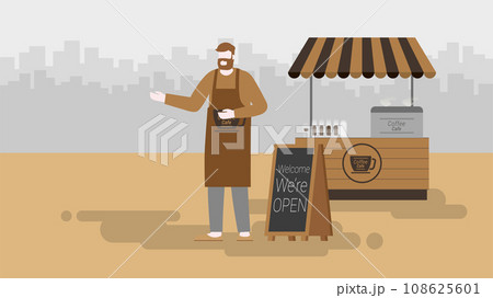 Coffee kiosk. Small business owner. Modern and minimal style design illustration. Coffee kiosk. Small business owner. Modern and minimal style design illustration. 108625601