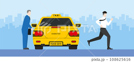 Urgent lifestyle concept. Office man running while businessman grab the taxi. Urgent lifestyle concept. Office man running while businessman grab the taxi. 108625616