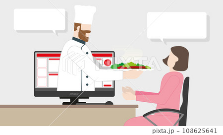 Fast delivery concept. Chef serving his food through computer screen 108625641