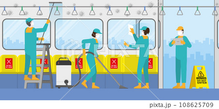 Cleaning team in train public transportation. Clean and check inspect Cleaning team in train public transportation. Clean and check inspect 108625709