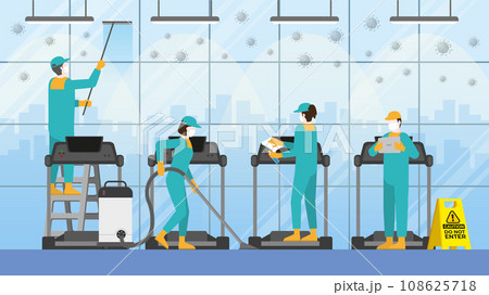 Cleaning crew team in fitness center. Clean and check inspector professional service Cleaning crew team in fitness center. Clean and check inspector professional service 108625718