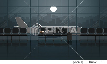 Tired office man lay down sleep on seat in international airport terminal at night Tired office man lay down sleep on seat in international airport terminal at night 108625936