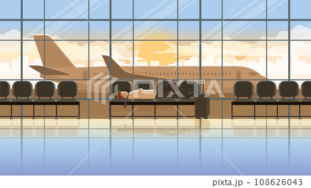 Overwork tired office man lay down sleep on the seat in the international airport terminal Overwork tired office man lay down sleep on the seat in the international airport terminal 108626043