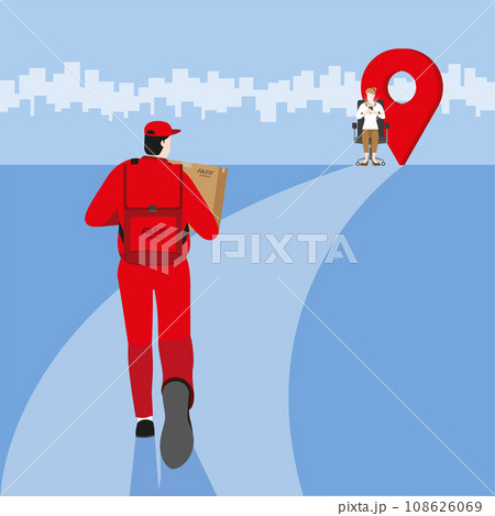 Destination of delivery man from express service company carry parcel box and run Destination of delivery man from express service company carry parcel box and run 108626069