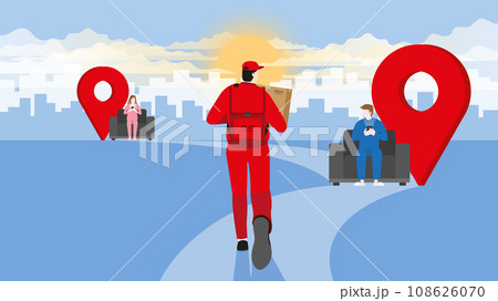 delivery man from express service company carry parcel box and run on pathway direction aim to target. 108626070