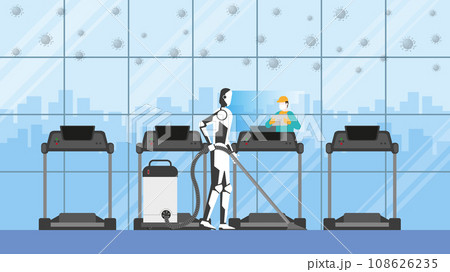 Artificial intelligence mechanism uses automatic vacuum cleaner in treadmill fitness center. Artificial intelligence mechanism uses automatic vacuum cleaner in treadmill fitness center. 108626235